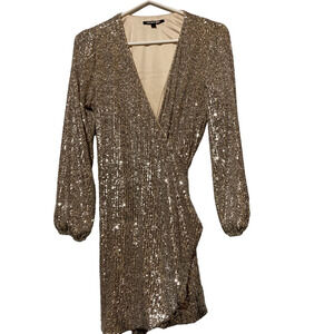 Gianni Bini Womens Wrap Dress Metallic Beige Long Sleeve Sequin XS